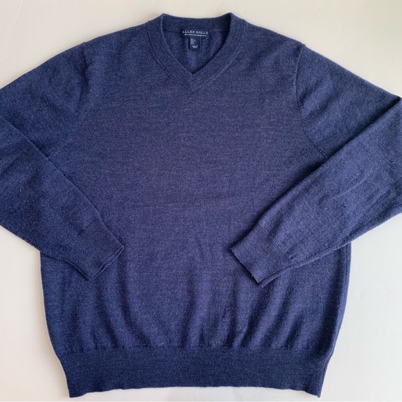 ALLEN SOLLY Extra Fine 100% MERINO WOOL V-Neck SWEATER Men’s Large Blue - Picture 4 of 4